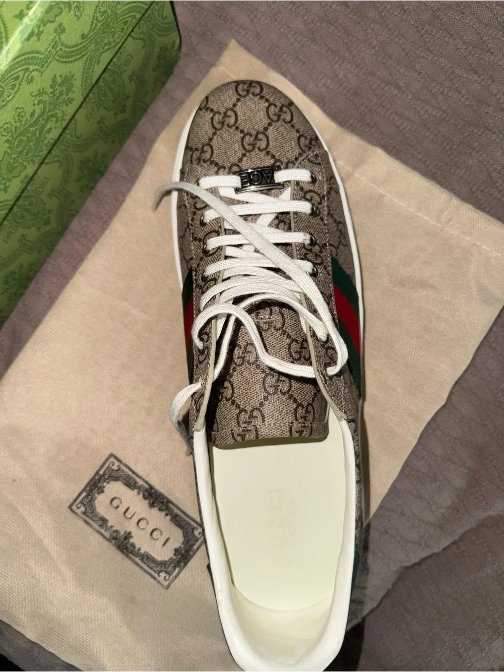 Gucci Brown GG Canvas Sneaker with White Laces and Green-Red Web